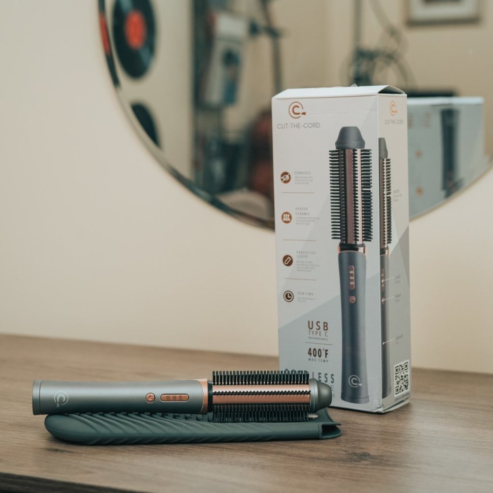 Cordless Volumizing Heated Hair Brush, Gray/Rose Gold Finish